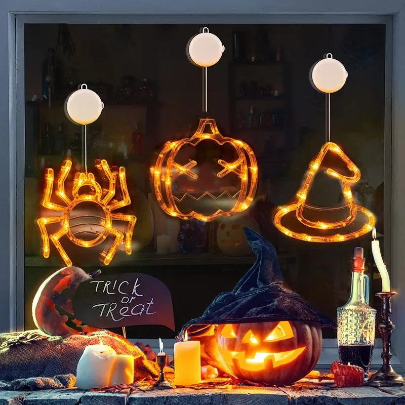 Halloween window hanging LED lights set with spider, pumpkin, and ghost decorations on suction cups
