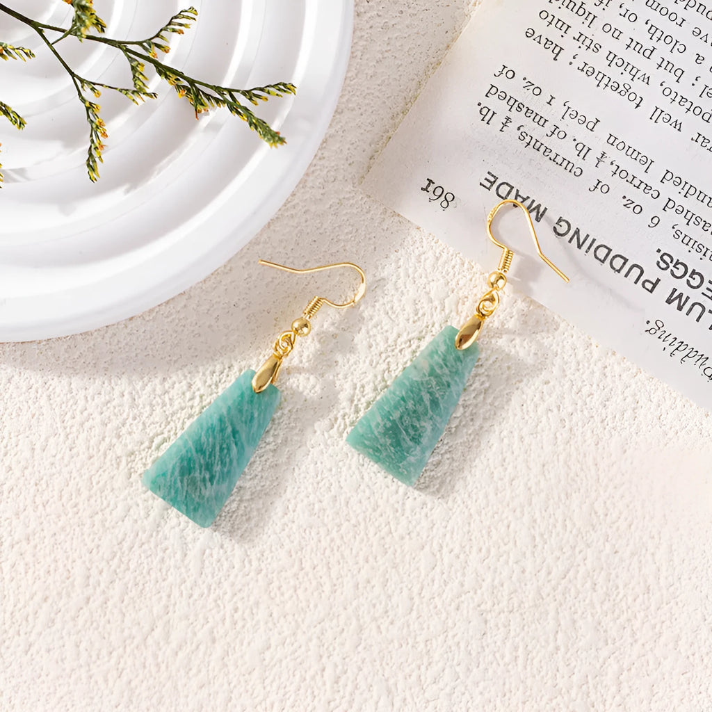 Amazonite rough stone trapezoid earrings with geometric octagon elements in gold setting
