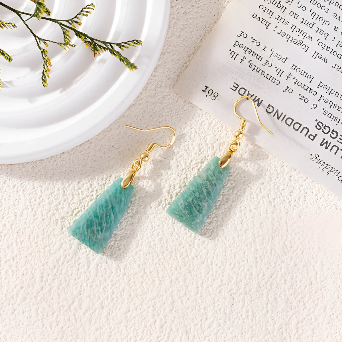 Amazonite rough stone trapezoid earrings with geometric octagon elements in gold setting