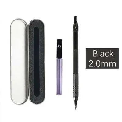 Metal automatic mechanical pencil shown with various lead size options including 0.5mm, 0.7mm, and 2.0mm.