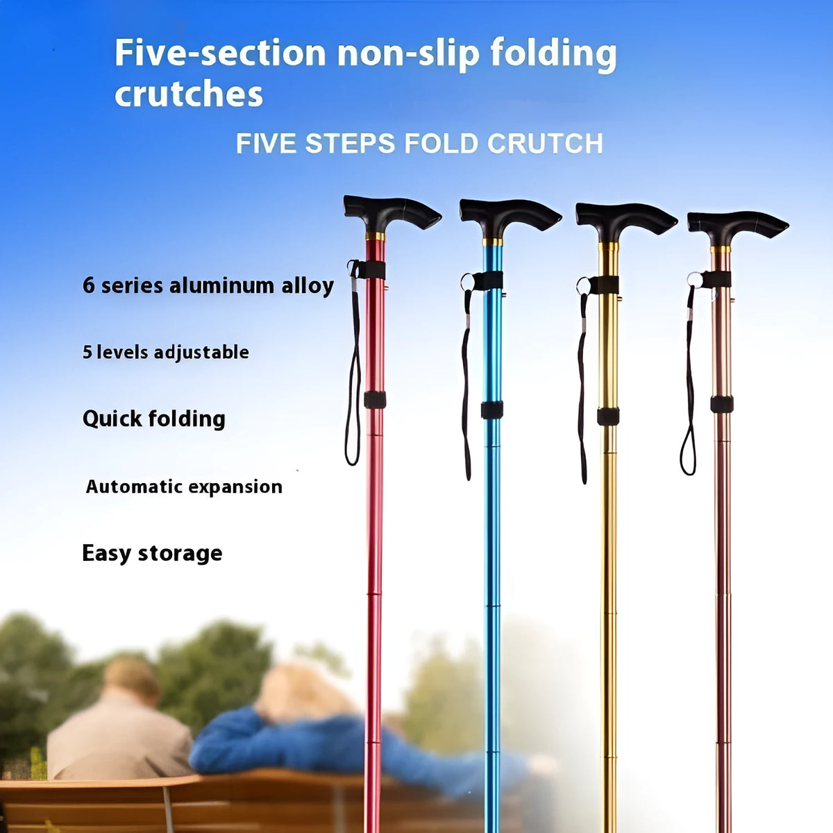 Adjustable aluminium folding walking cane with non-slip rubber tip in silver colour