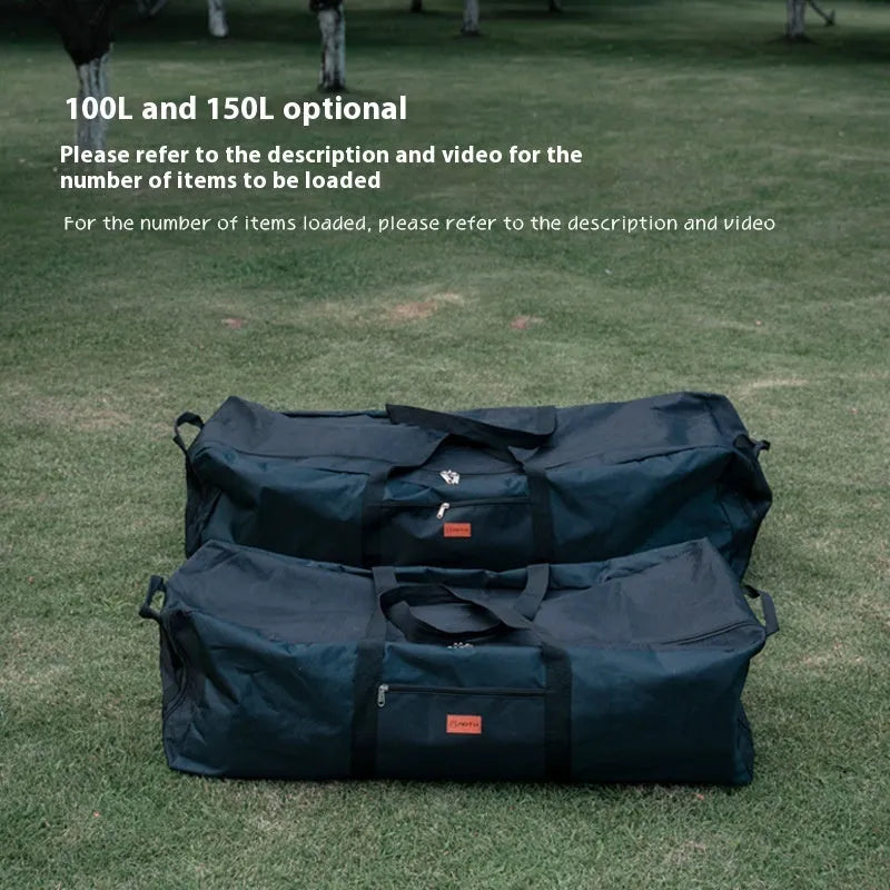 Large black waterproof storage bag with carrying handles, shown next to a folded camping chair.