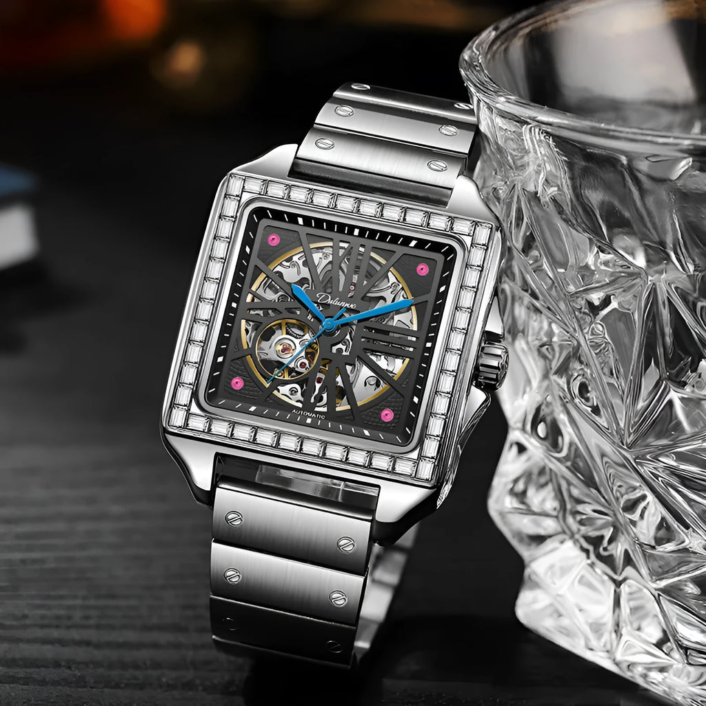 Men's square automatic watch with diamond studs on a stainless steel bracelet