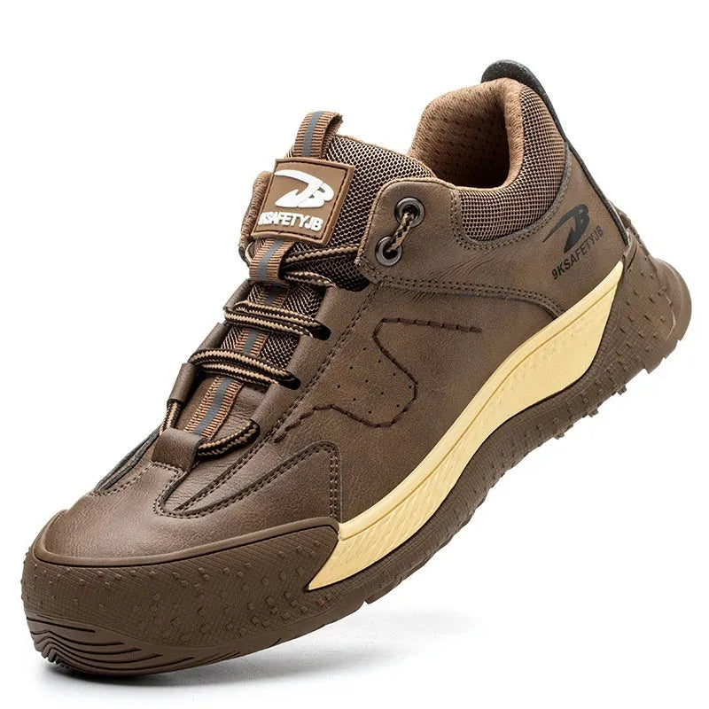 Leather work shoes with Flyknit detail, shown in a brown colour on a rubber sole.