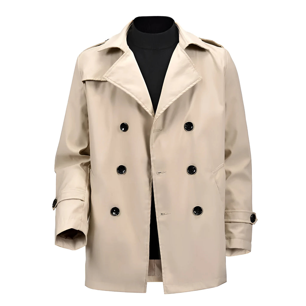 Men's mid-length double-breasted jacket in khaki, apricot or black, loose polyester casual coat, 50cm length