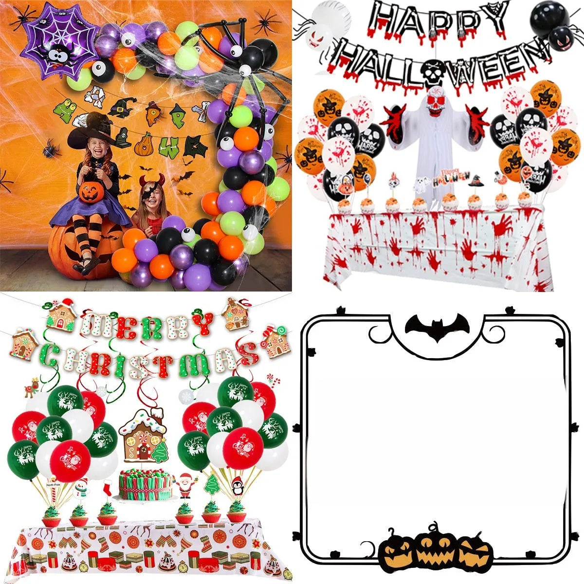 Halloween spider balloon arch kit with black and white balloons showing skull and pumpkin designs