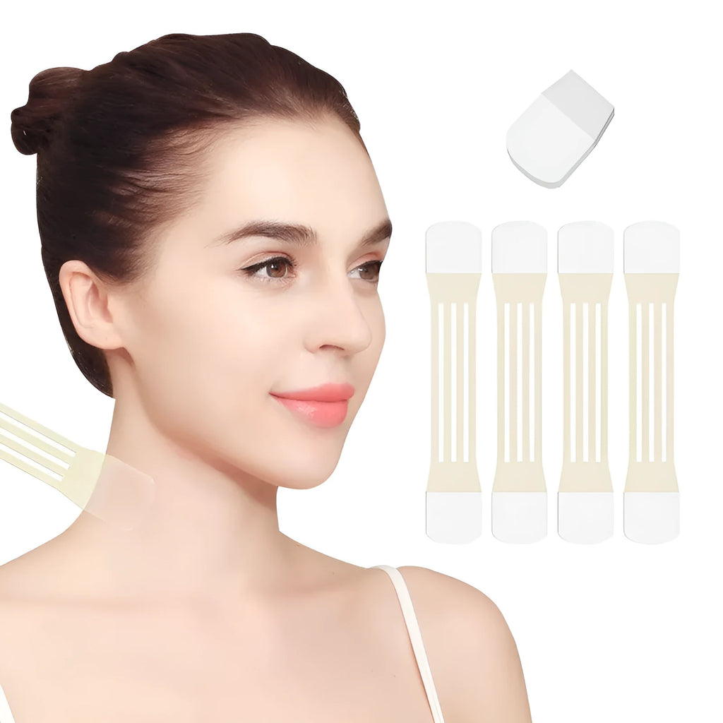 Skin tone neck firming adhesive tape sling with four straps and a pack of twenty patches.