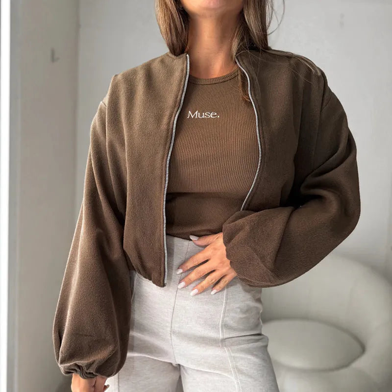 Milky White women's off-shoulder short coat with lantern sleeves and side pockets.
