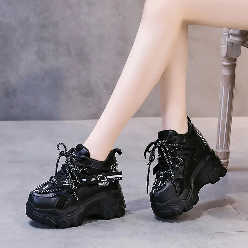Women's white breathable mesh platform sports shoes with cross strap design and rubber sole