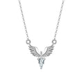Sterling silver eagle pendant necklace with an O-ring chain on a model, showing white gold colour finish.