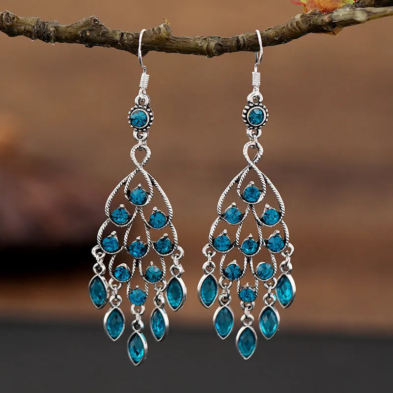 Smart water drop purple retro crystal fringe earrings with ethnic design and drop shape