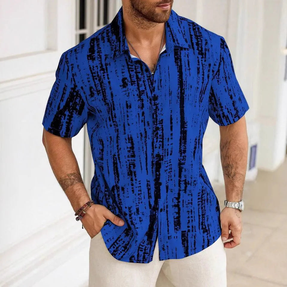 Men's striped short sleeve shirt with 3D printed pattern in summer colours
