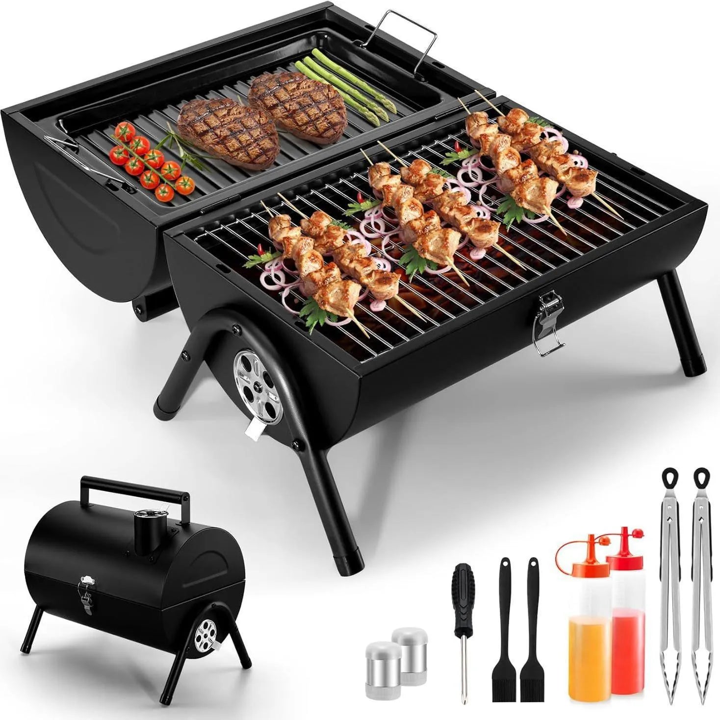 Small folding desktop charcoal barbecue smoking device with grill for portable cooking