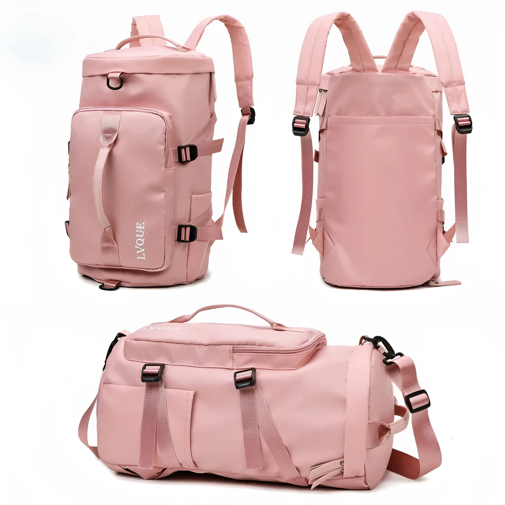 Waterproof convertible gym backpack with separate shoe compartment showing front pockets and combination lock