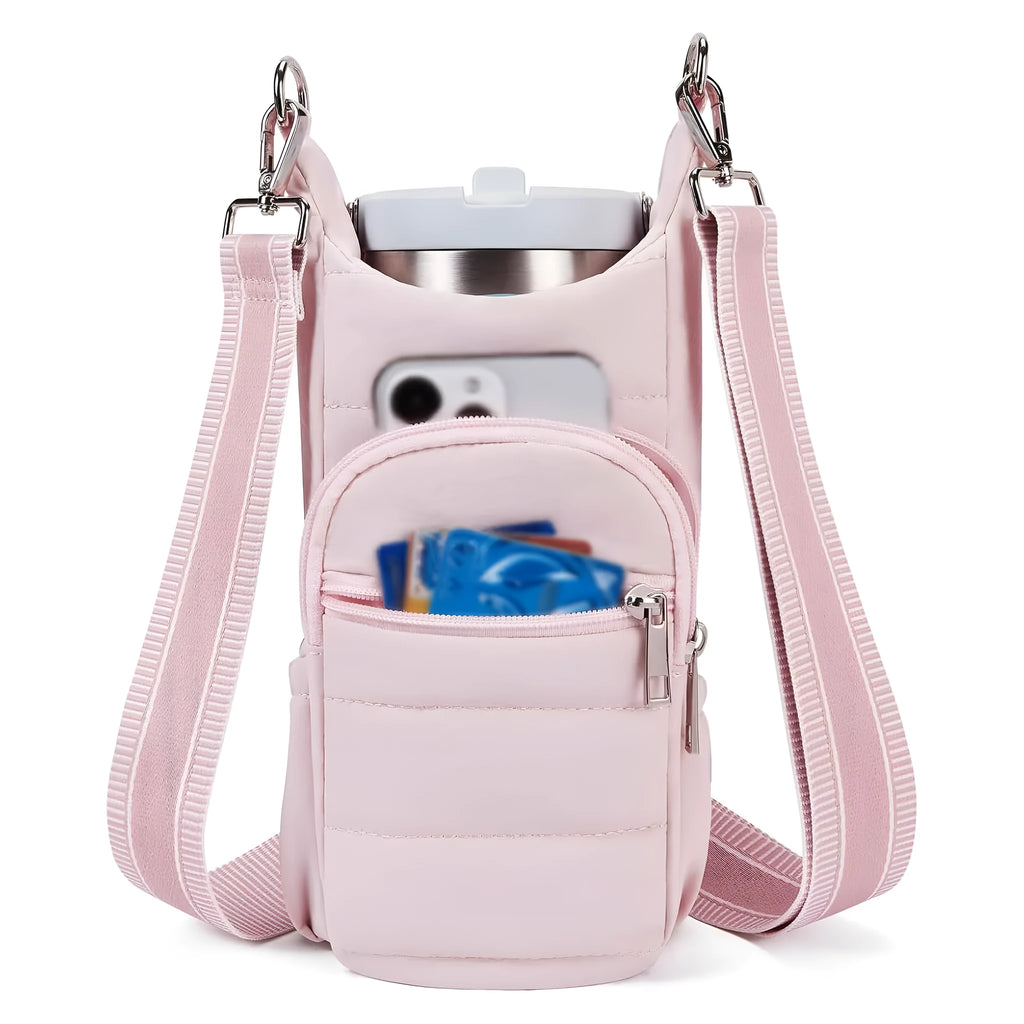 Cloth bicycle water bottle bag in black, pink or beige colour on bike frame