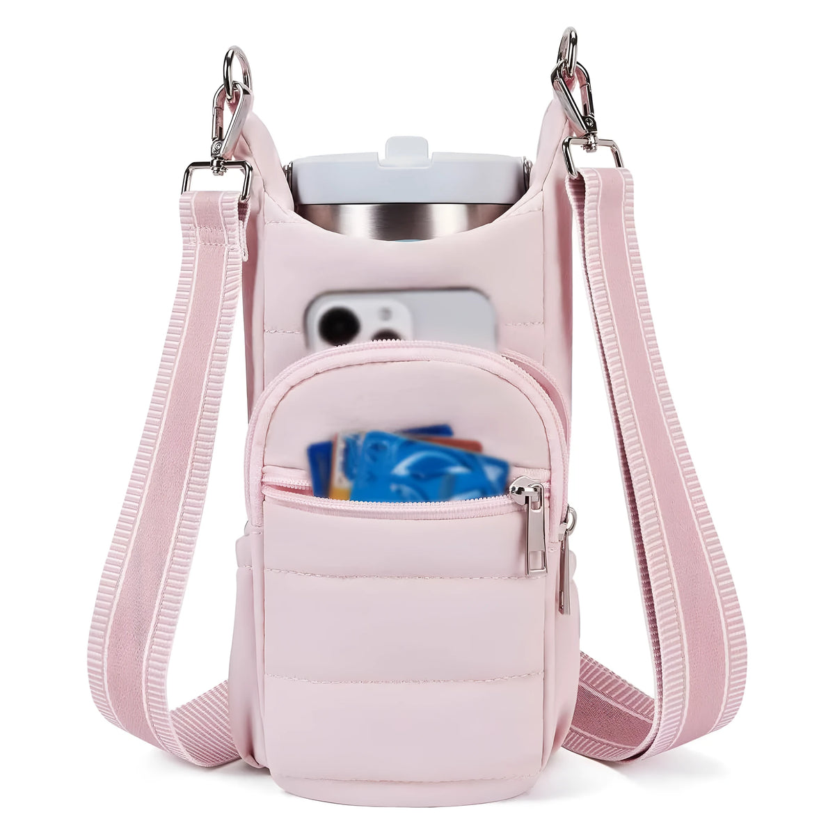 Cloth bicycle water bottle bag in black, pink or beige colour on bike frame