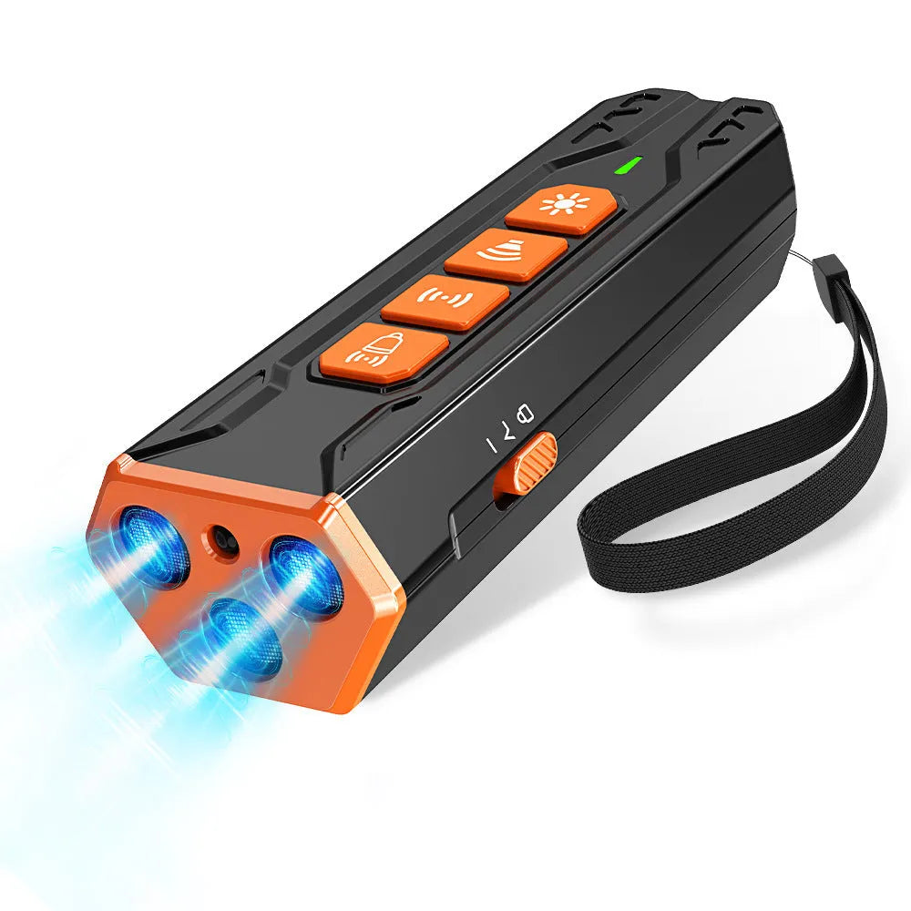 Three head ultrasonic dog trainer with security LED light in grey and orange colour scheme