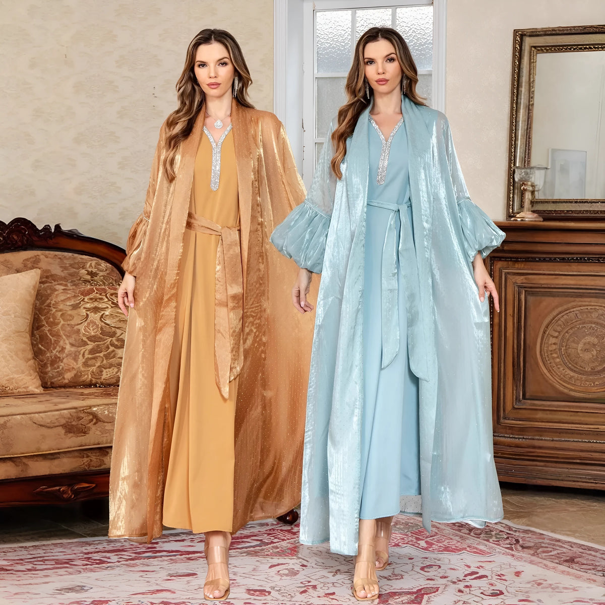 Arabic style two-piece dress set with long sleeves and rhinestone straps in blue.