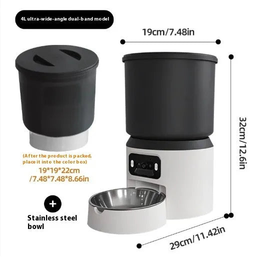 White 4-litre smart pet feeder with LED display, Wi-Fi antenna, and a stainless steel bowl on the floor.
