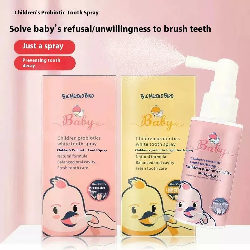 Children's probiotic teeth cleaning spray bottle in strawberry or orange flavour, 40ml oral care product