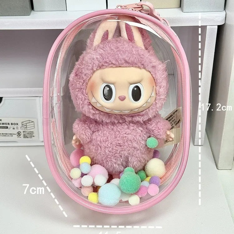 17cm transparent PVC storage bag with colourful ball keychain for doll collectibles