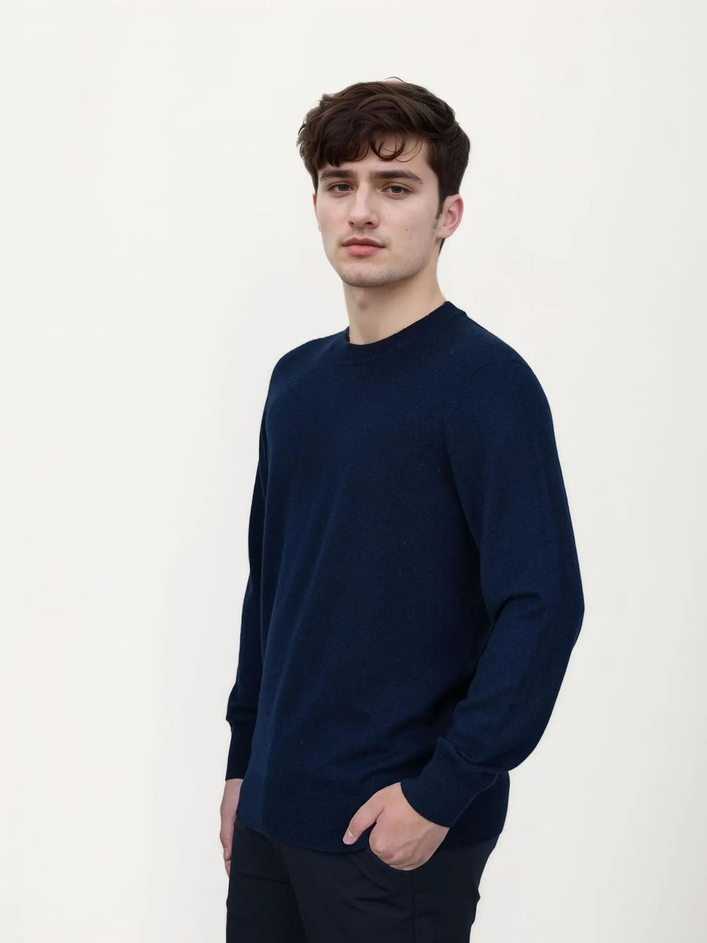 Men's regular fit wool pullover sweater in light grey, shown on a model for business casual wear.