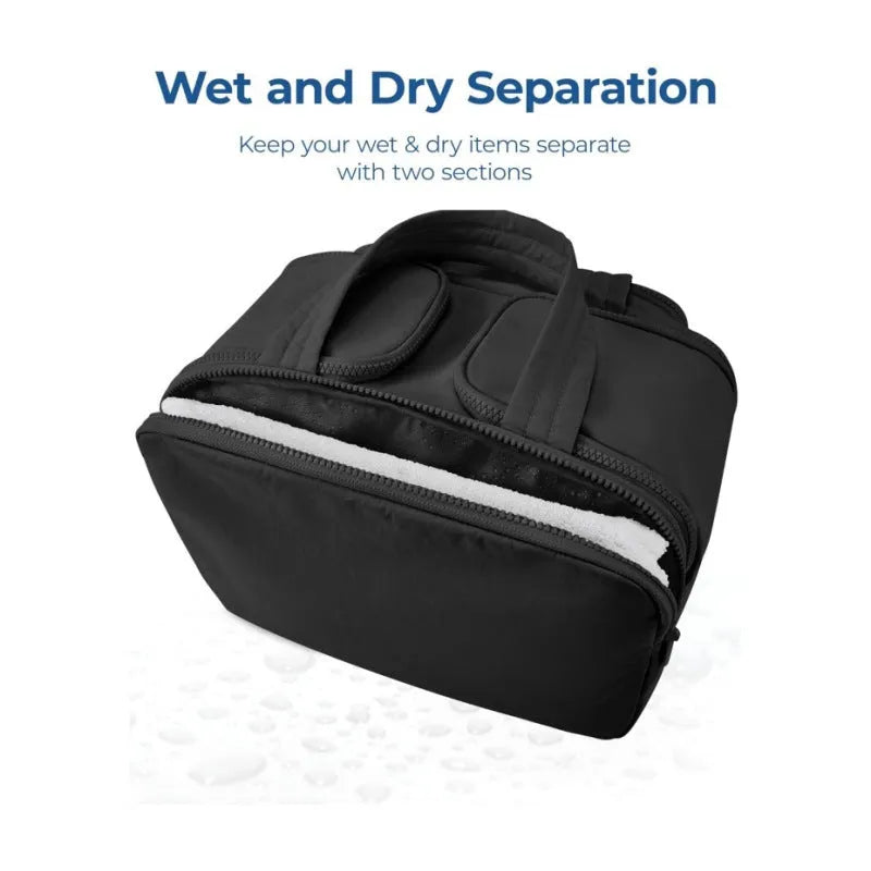 Large open travel toiletry bag in beige colour showing spacious interior, made from polyester fabric.