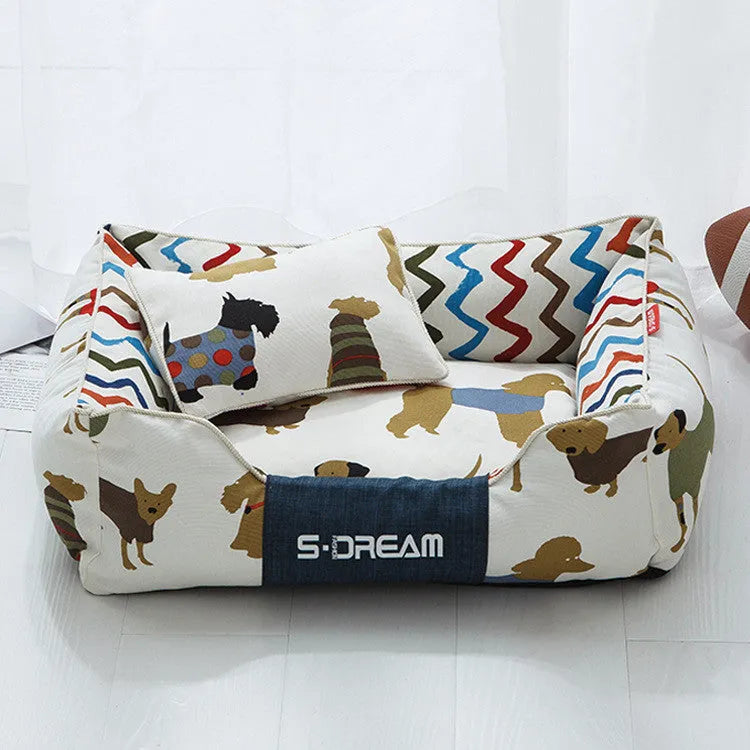 Washable dog cat bed in canvas and oxford cloth, Mi Puppy brown or yellow, sizes S M L with optional small pillow