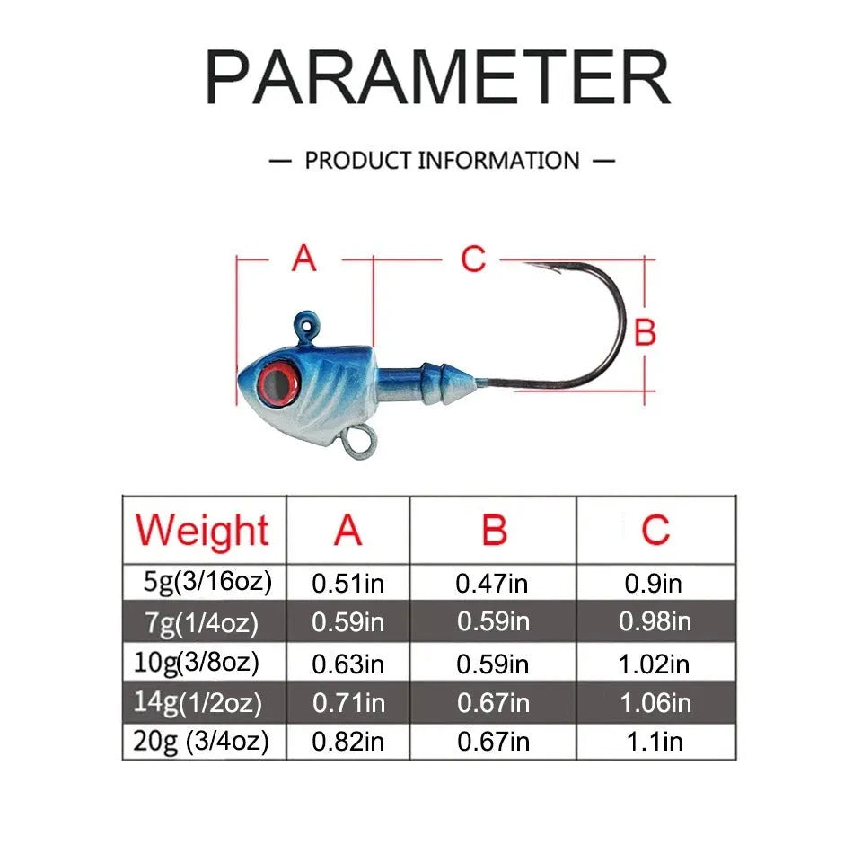 Yayu shaped lead head fishing hook lure in blue, silver, and yellow colours showing fish simulation design.