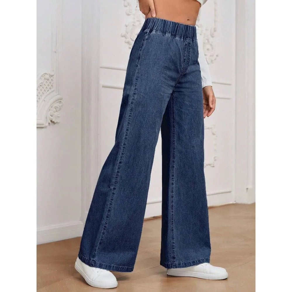 Light blue washed wide-leg denim trousers with straight leg cut and mid waist design