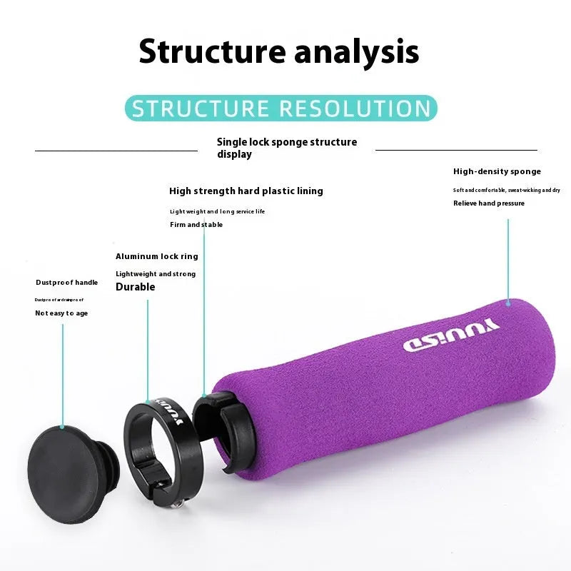 Pair of ultra-light 41g sponge mountain bike handle covers in black, purple, and biange colour options.