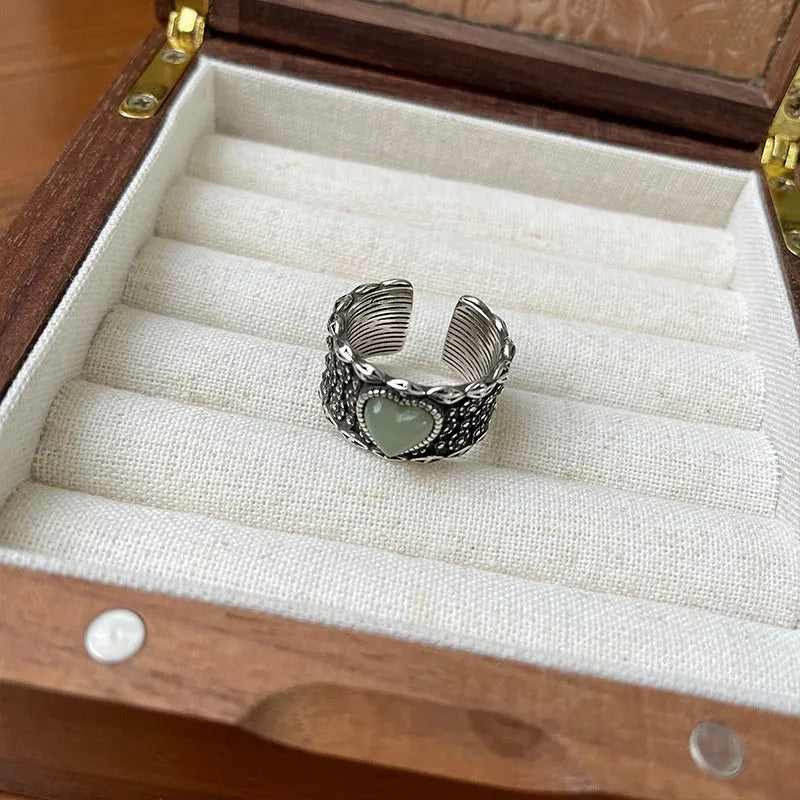 Retro adjustable wide-faced ring with heart-shaped moon design in white copper plated silver