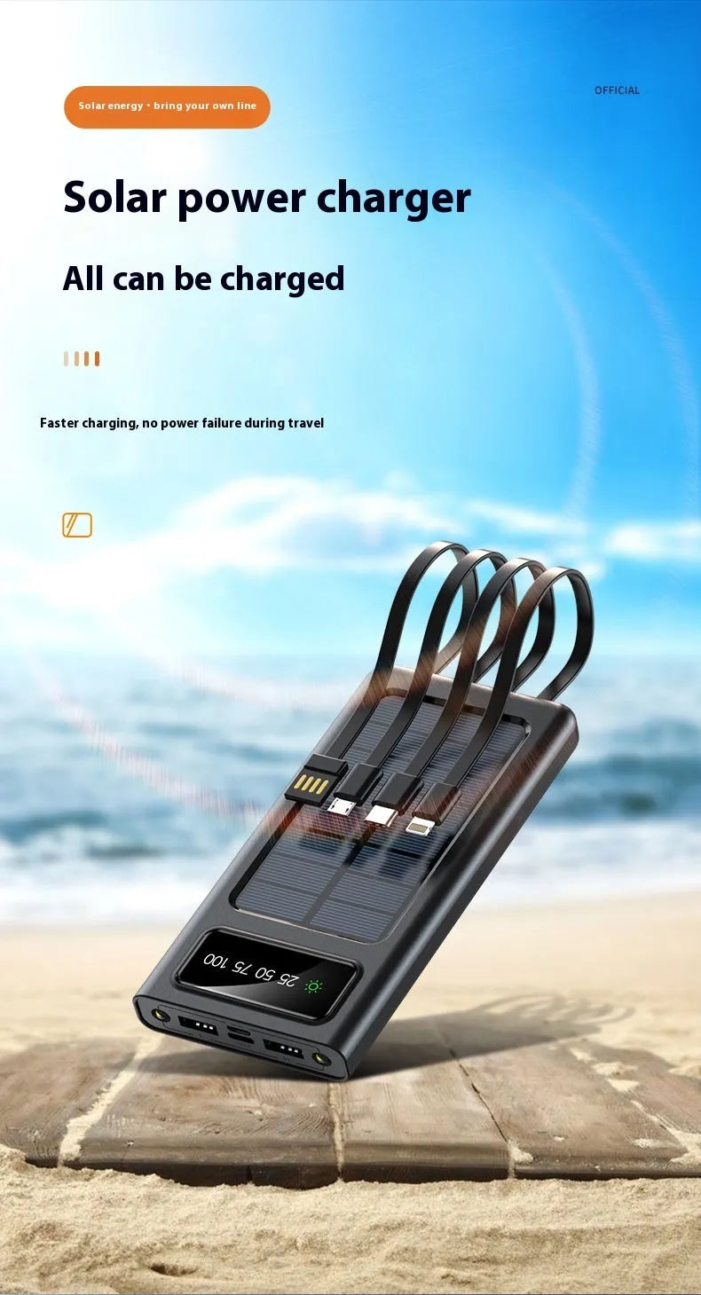 Solar power bank with 20000mAh capacity and integrated charging cables in black or white plastic case
