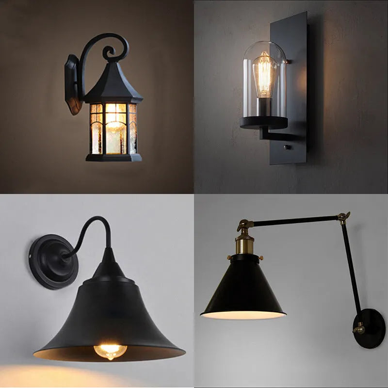 Industrial wrought iron wall light with E27 holder, 220V, 180-200mm, available in styles A to L