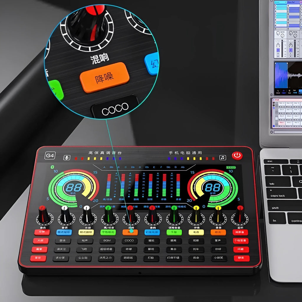 Professional G4 sound card set with colour LCD display, multiple control knobs, and included microphone.