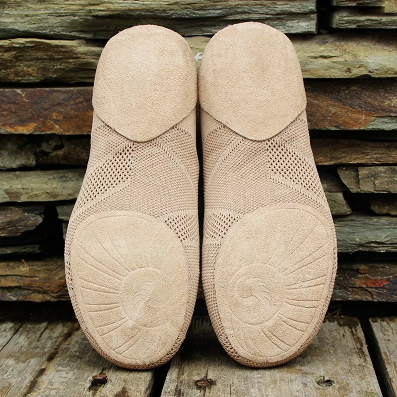 Camel colour contemporary dance yoga shoes with cotton mesh upper and leather sole