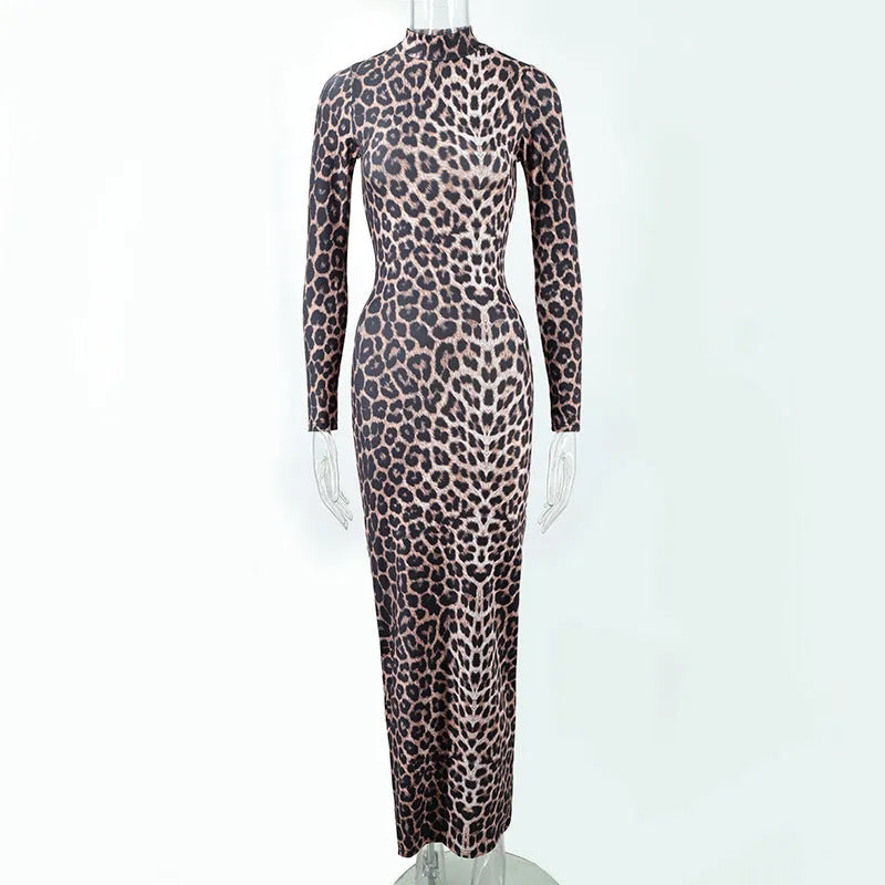 Leopard print long sleeve dress with stand collar and high waist design