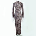 Leopard print long sleeve dress with stand collar and high waist design