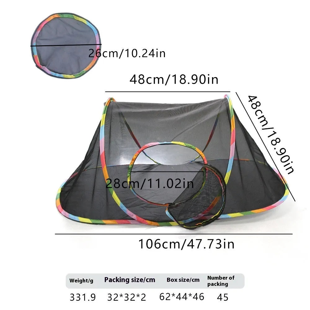 Foldable mesh cat roll cage showing hexagonal, tee and tent style options for pet play and containment