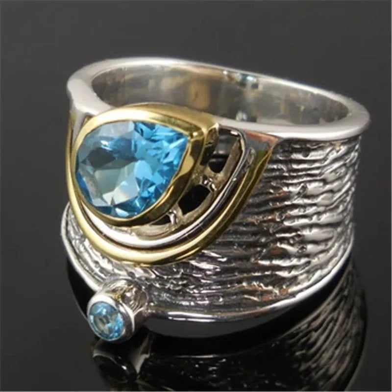 Blue zircon rhinestone drop shape alloy ring in Chinese style on size guide