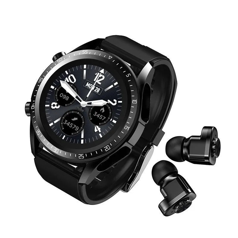 Black smart watch with blood pressure monitoring on a silicone strap, showing its 1.28-inch screen.