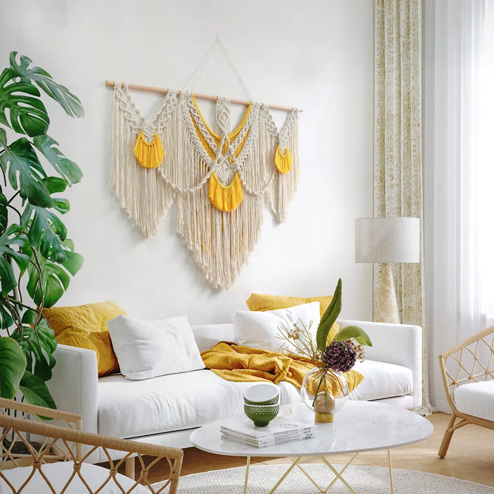 Nordic style creamy white cotton tapestry wall hanging 120x95cm rectangle hand-made weaving