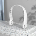 White USB charging portable bladeless neck fan with adjustable settings and ergonomic neckband