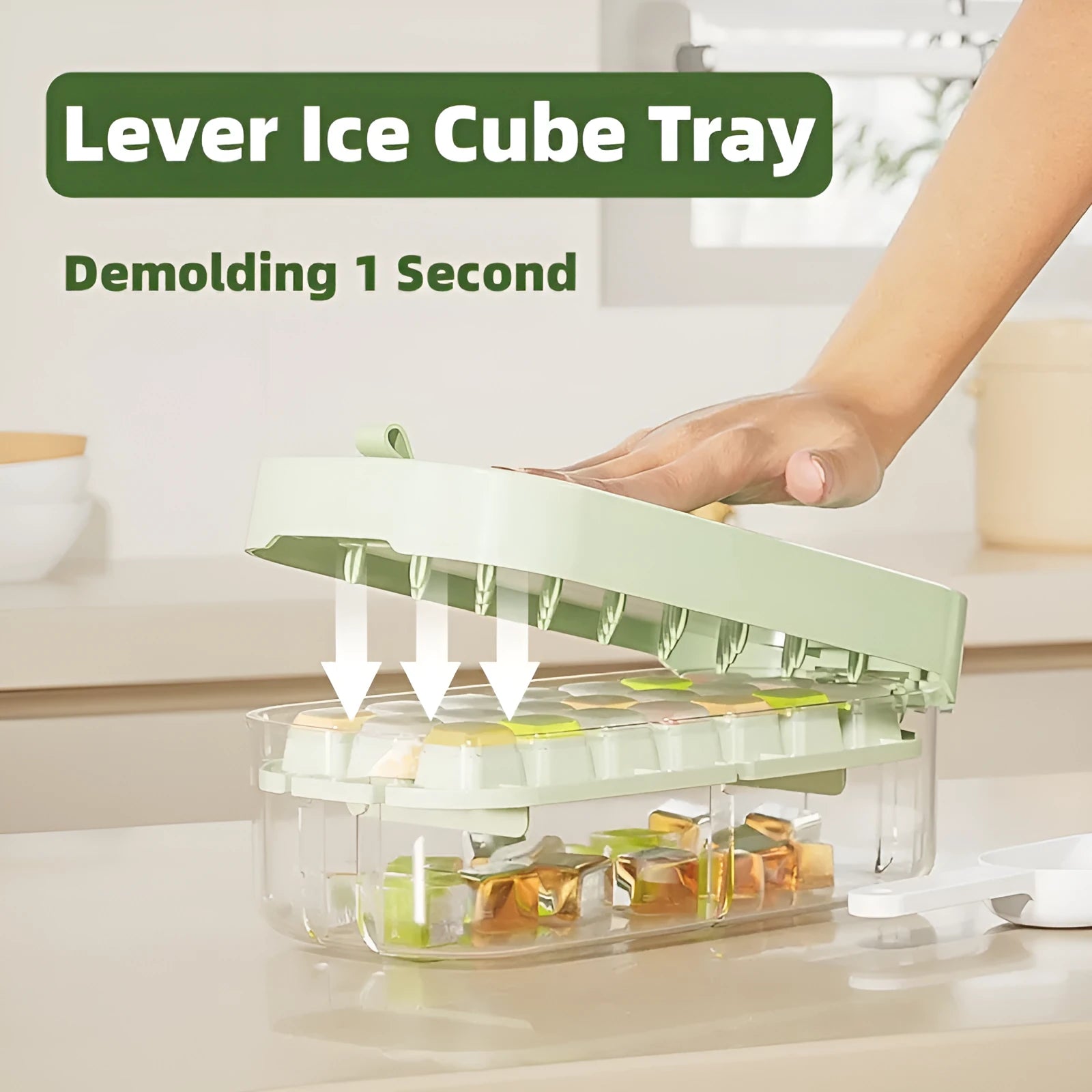 Colourful lever-action ice cube tray grid with integrated storage for its ice shovel.