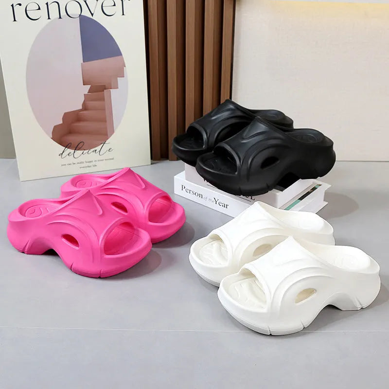 Women's EVA slippers with thick sole in black, rose red or white colours on beach background