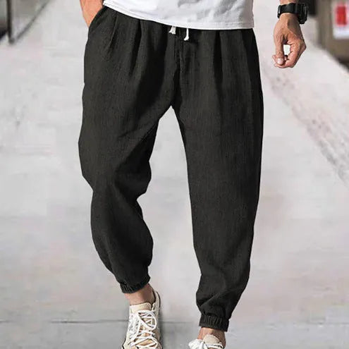 Men's loose cotton casual trousers with banded ankles in light green colour