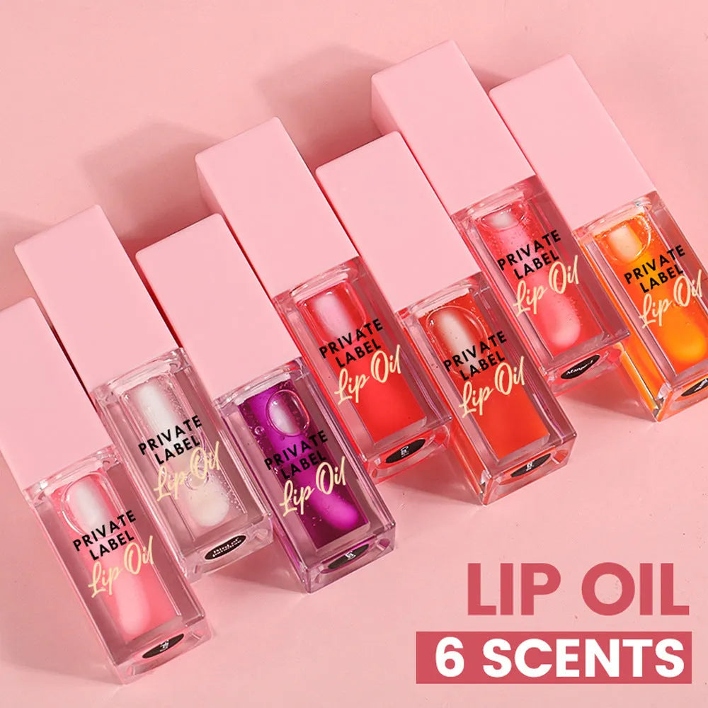 Six transparent lip gloss tubes in bird of paradise, cherry, coral, mango, strawberry, watermelon shades