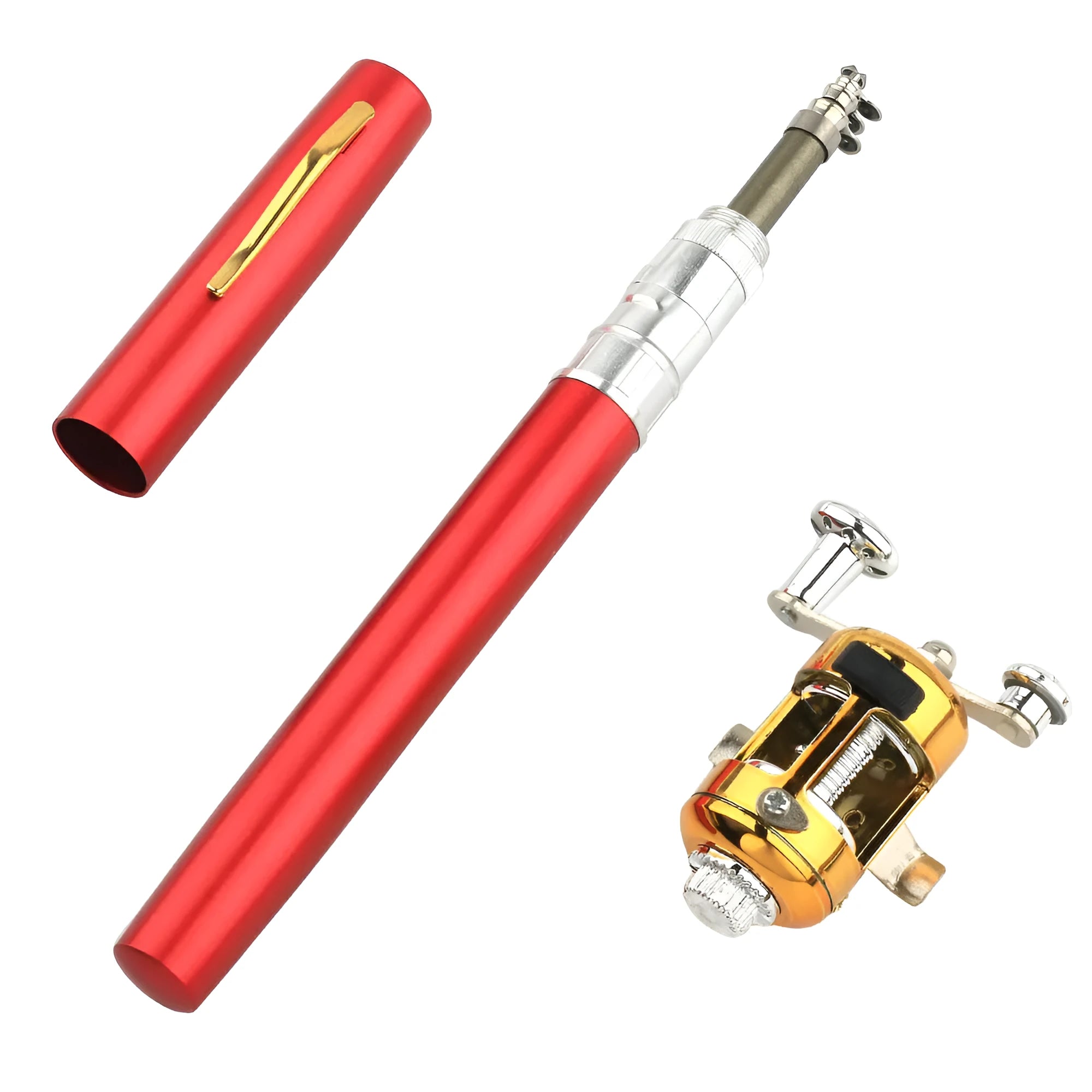 Portable telescopic fishing rod kit with reel in aluminium pen case, shown collapsed and extended.