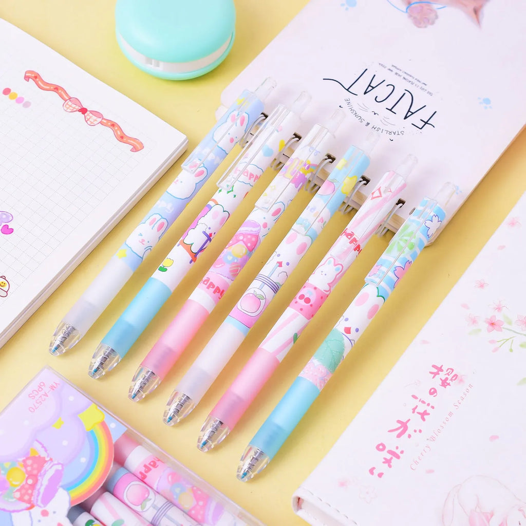 Six black plastic pens with cartoon bunny designs and 0.5mm tips arranged in stationery set