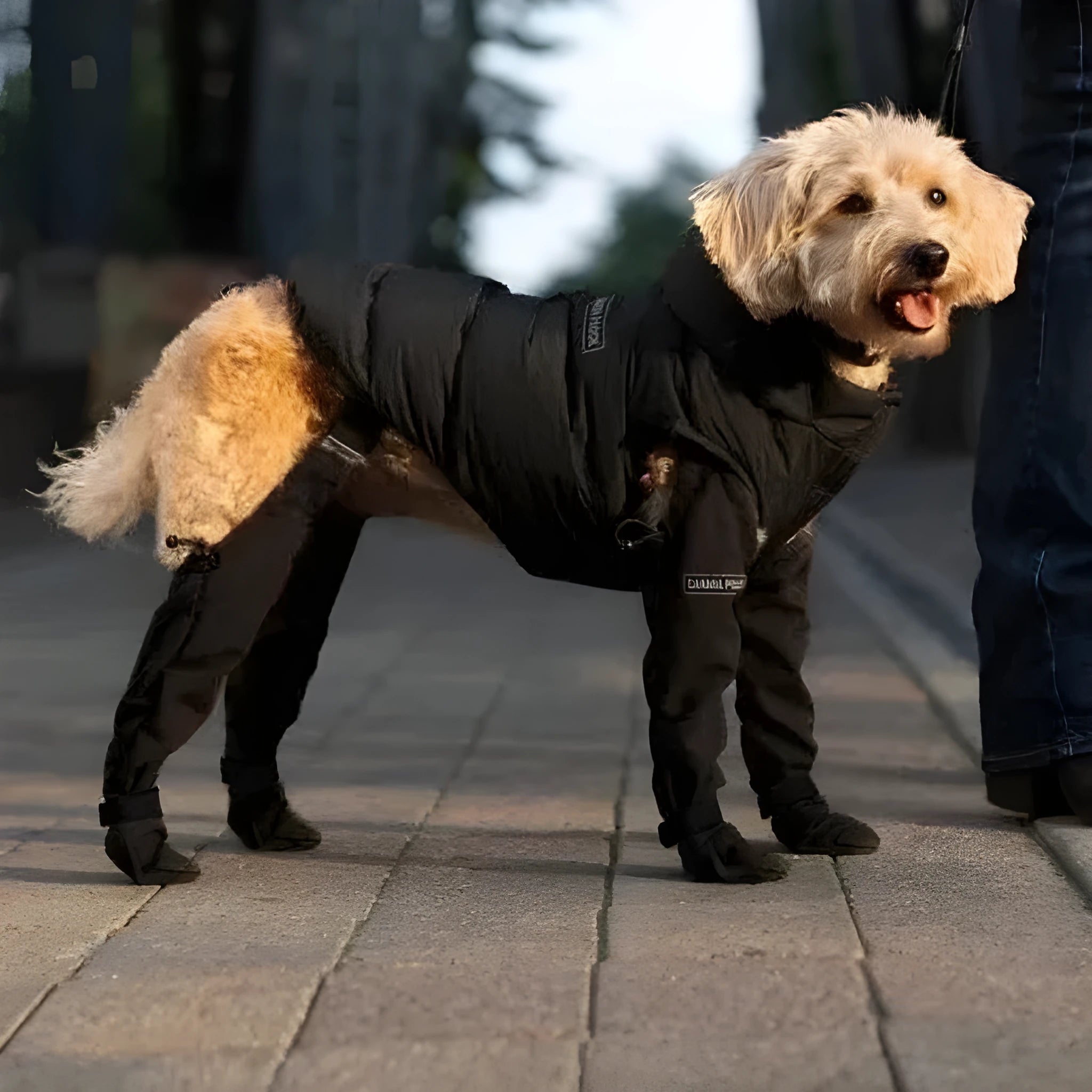 Black waterproof non-slip dog shoes in polyester material showing paw protection design